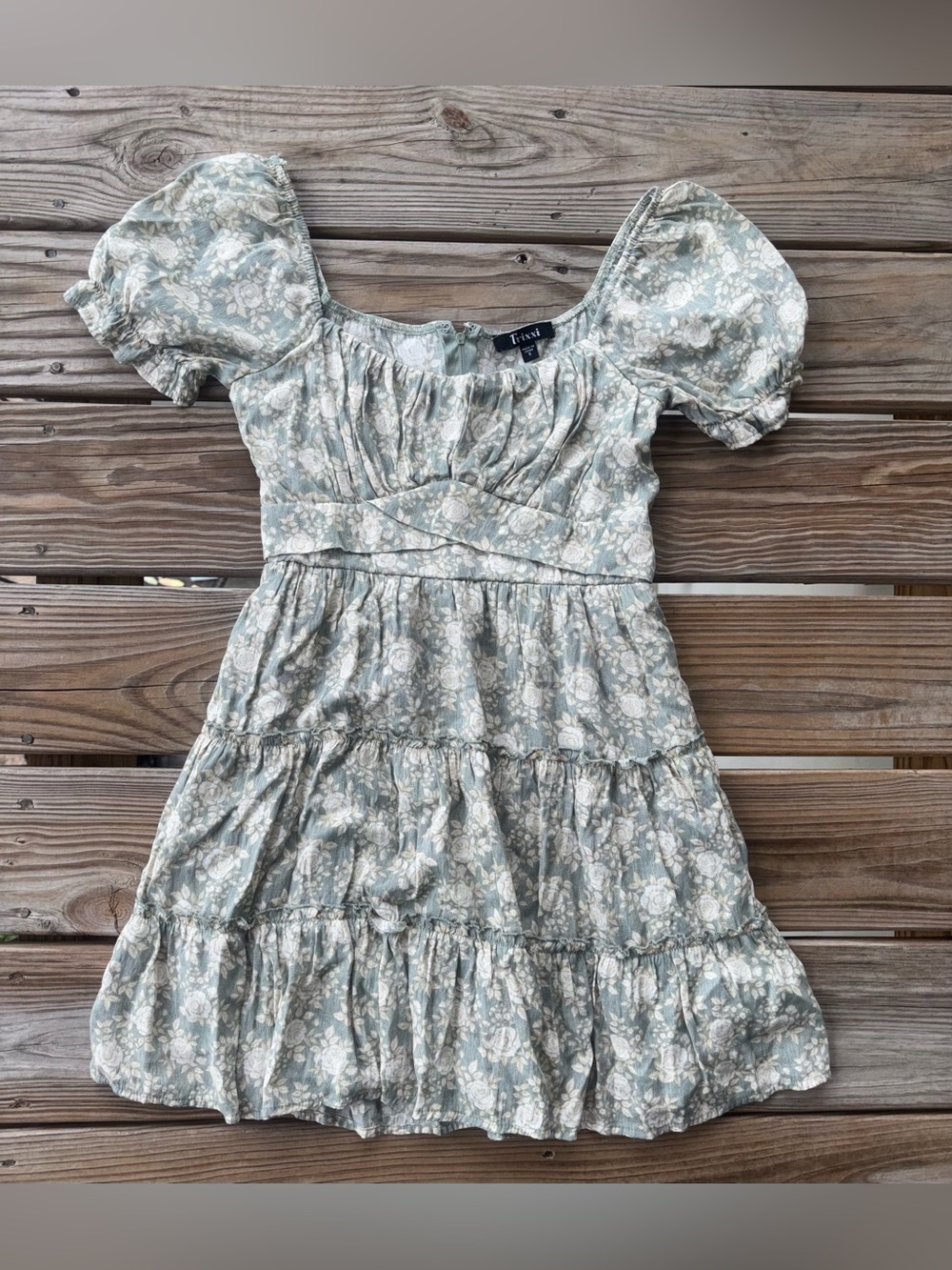 Trixxi Sage Green Floral Puff Sleeve Cottagecore Mini Dress Size Small